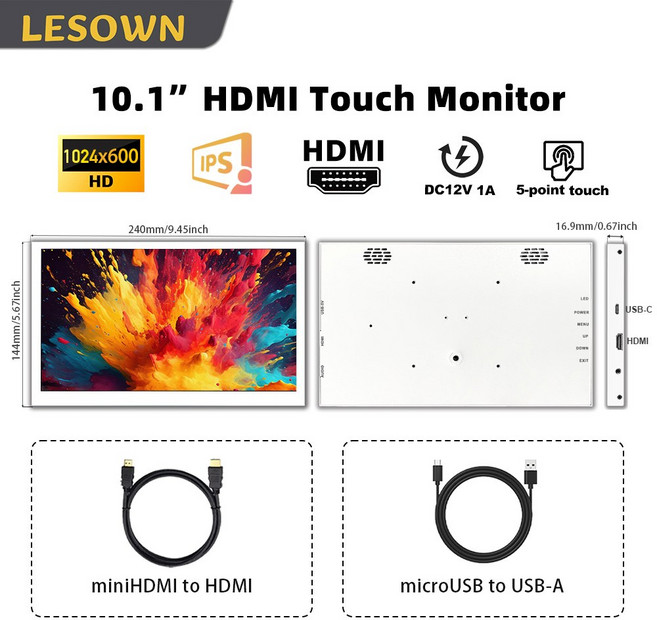 LESOWN 10 1인치 미니 PC 노트북용 필드 모니터 비디오 보조 휴대용 엣지 카메라 디스플레이 LCD 1024X600, 03 10.1in Touch Monitor