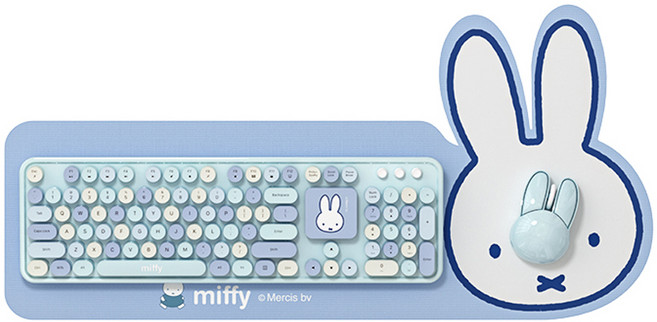 miffy 米飛兔造型無線鍵盤滑鼠套裝 復古圓形鍵帽 人體工學設計, 淺藍色, MPC006, 高鍵位設計