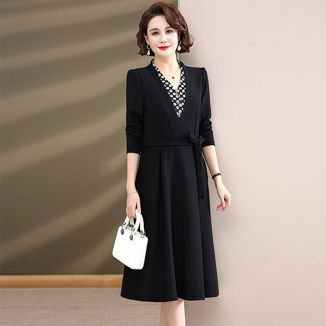 중년 여성 긴팔 원피스 캐주얼 허리 조임 중장년 롱 정장 원피스 빅사이즈 패션 엄마옷 하객룩 원피스 YJW