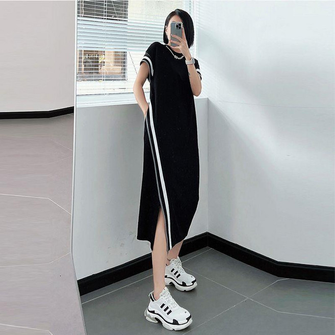 大碼連衣裙女短袖設計過膝寬鬆顯瘦開叉T恤裙子, 黑色送鏈子【有口袋】,3XL 100.0-125.0公斤, 黑色