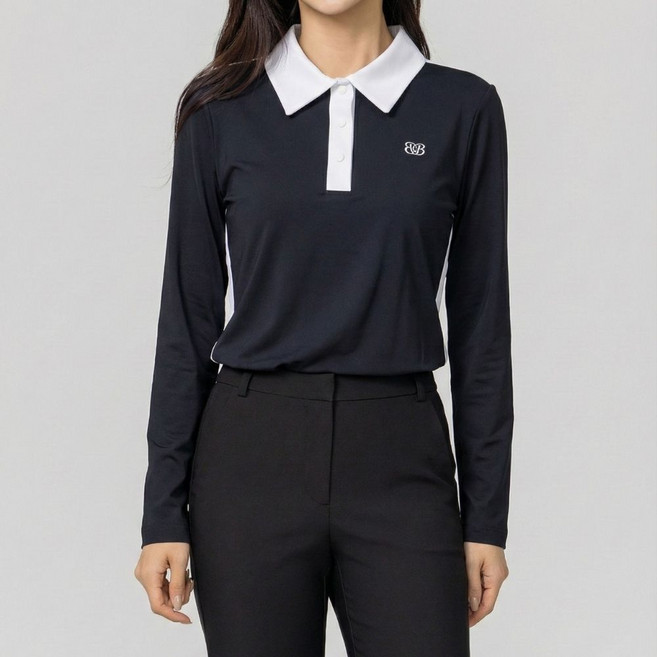 베러투데이 여성 골프웨어 파크골프 간절기 투톤 블럭 긴팔 카라 티셔츠