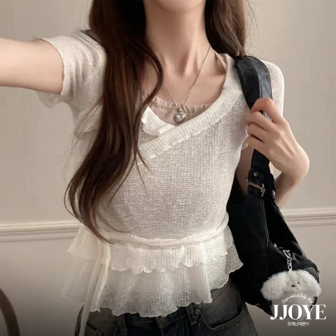 쪼예 레이어드 빈티지 홀터넥 프릴 랩 반팔 티셔츠