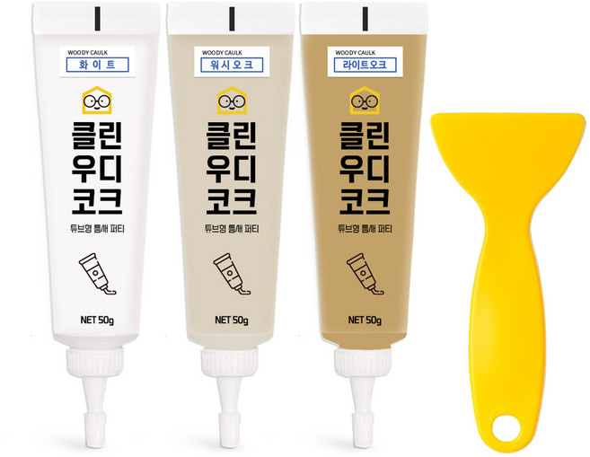철물팩토리 퍼티 우디코크 마루바닥보수 메꾸미 보수제, 화이트+워시오크+라이트오크+PVC헤라, 1개