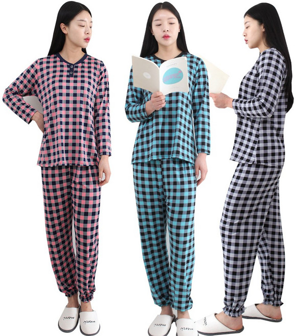여성 피치 체크 잠옷세트 잠옷 파자마 홈웨어 상하의 세트