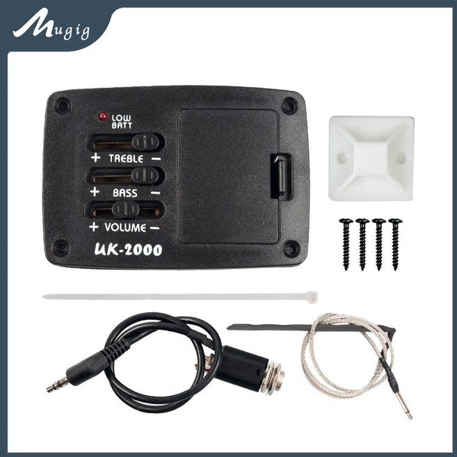 Mugig 영국-2000 우쿨렐레 픽업 2 밴드 Eq 나선형 피에조 케이블 픽업 Eq 및 프리 앰프 우쿨렐레 용 배터, 1개