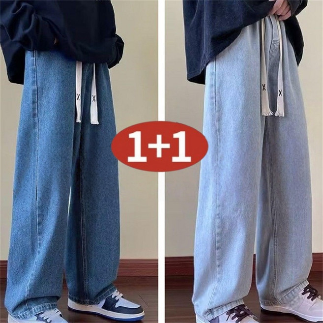 AOKADA 1+1여성 봄 가을 루즈핏 세미 와이드 데님 팬츠 편한 일자핏 청바지
