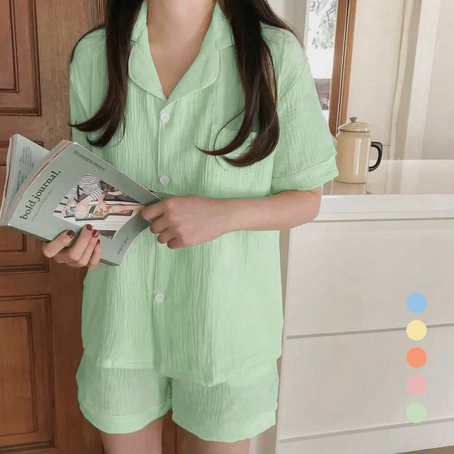 야오야오 여성용 요루면 반팔 카라 포켓 잠옷 세트