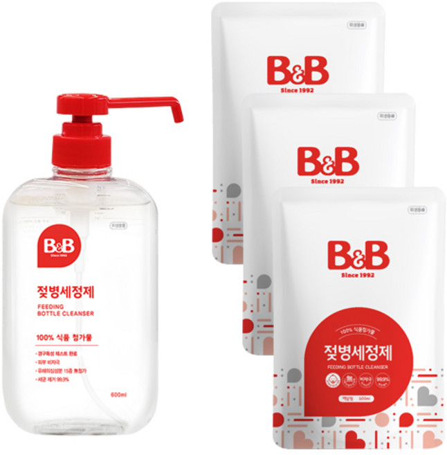 비앤비 젖병세정제 액상 용기 600ml + 리필 500ml, 1세트, 용기 1 + 리필 3