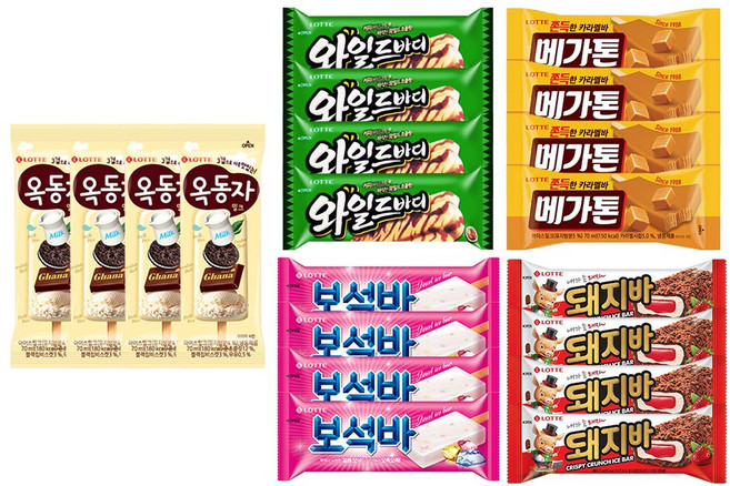 바 아이스크림 5종 상품 세트 구성 (옥동자 / 와일드바디 / 메가톤바 / 보석바 / 돼지바 ), 20개, 70ml