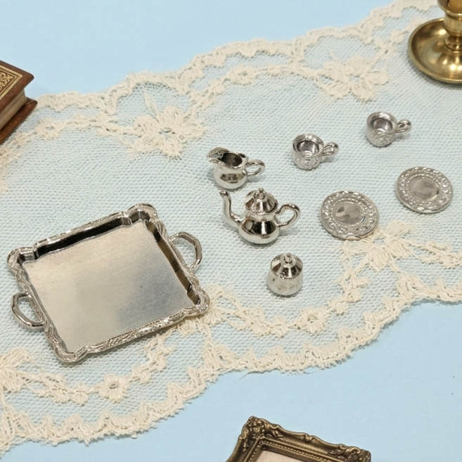 미니어처 찻잔 쟁반 세트 주전자 그릇 식기 소꿉놀이 납골당 소품 꾸미기 인형소품 인형의집 봉안당, 실버