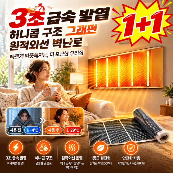 5위 - 1+1 [3초 급속 발열]허니콤 구조 그래핀 원적외선 벽난로 욕실온풍기 욕실온풍기 거실 전기 벽난로 벽걸이 