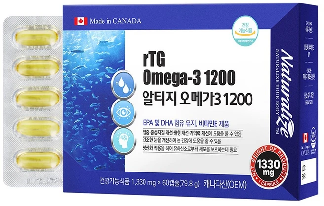 캐나다산 혈행 눈 건강 혈중중성지질 기억력 개선 항산화 고함량 알티지 오메가3 1200, 1개, 60회분 - 쿠팡