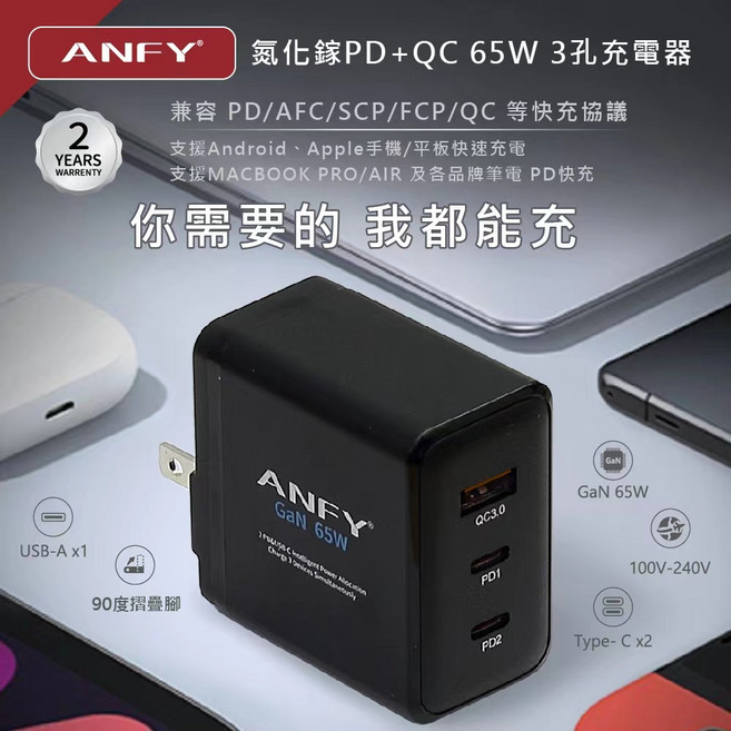 ANFY 氮化鎵 PD QC 65W 3孔充電器 - 2年保固 支援多協議快充, 1個, 充電頭