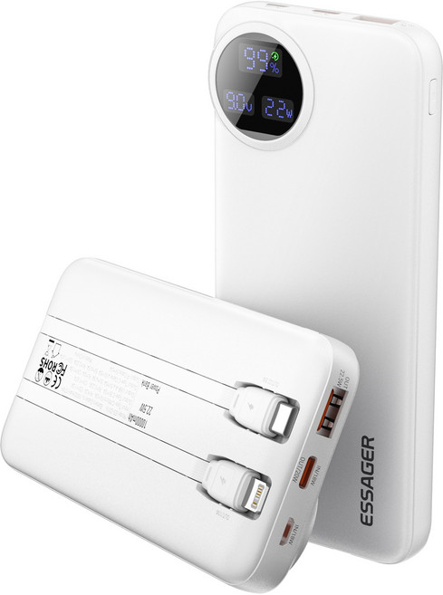 Essager PD 22.5W QC3.0 초고속충전 대용량 케이블 일체형 보조배터리, 화이트, 10000mAh