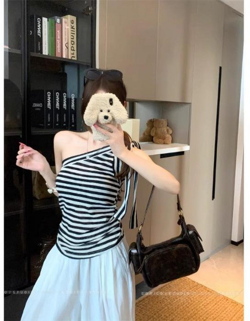 復古條紋斜肩背心 簡約設計感韓系女裝
