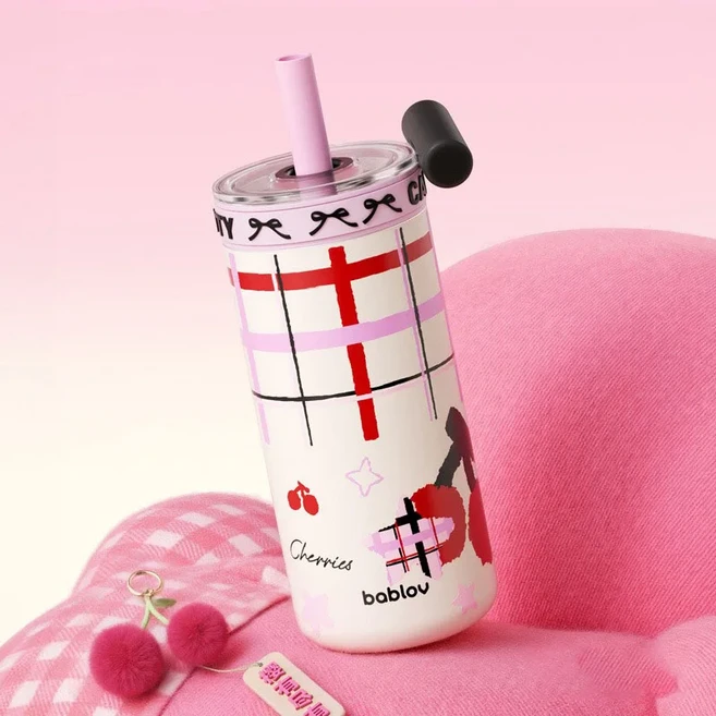 바블로프 보온병 이중층 냉기 보존 빨대컵 스테인리스 진공 플라스크 고붕규산 유리 라이너 커피컵, 01 550ml