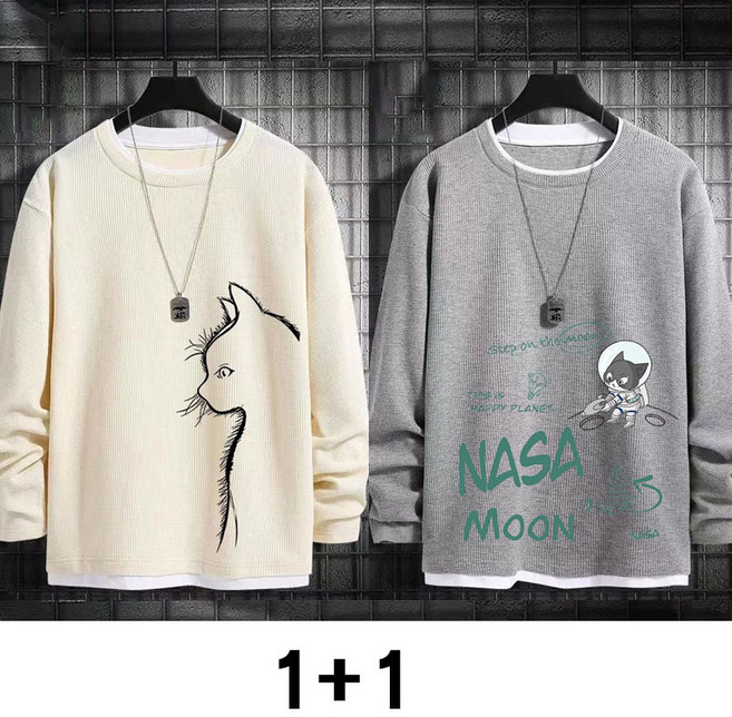 1+1 남성 라운드넥 맨투맨 봄 가을 빅사이즈 긴팔 상의 루즈핏 트렌디 남자 이너 티셔츠 WMY