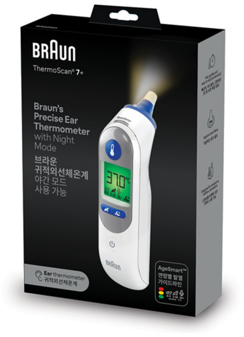 [국내 A/S가능] 최신형 BRAUN 귀적외선 체온 계 정품 6525KO +필터 21개 포함+ led 조명 고막 귀 아기, 1개