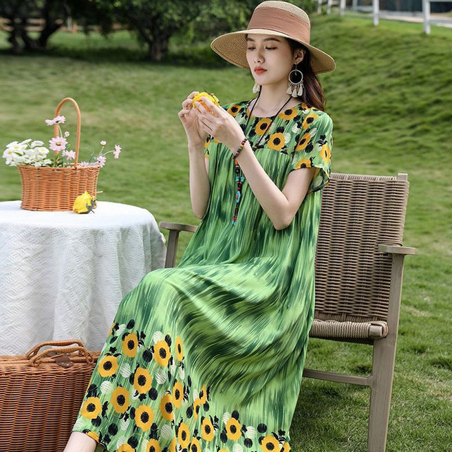 ORZQU 중년 엄마 여름 빅사이즈 루즈핏 플라워 롱원피스 라운드 반팔 휴양지원피스 시원하고 편안한 롱스커트 홈웨어