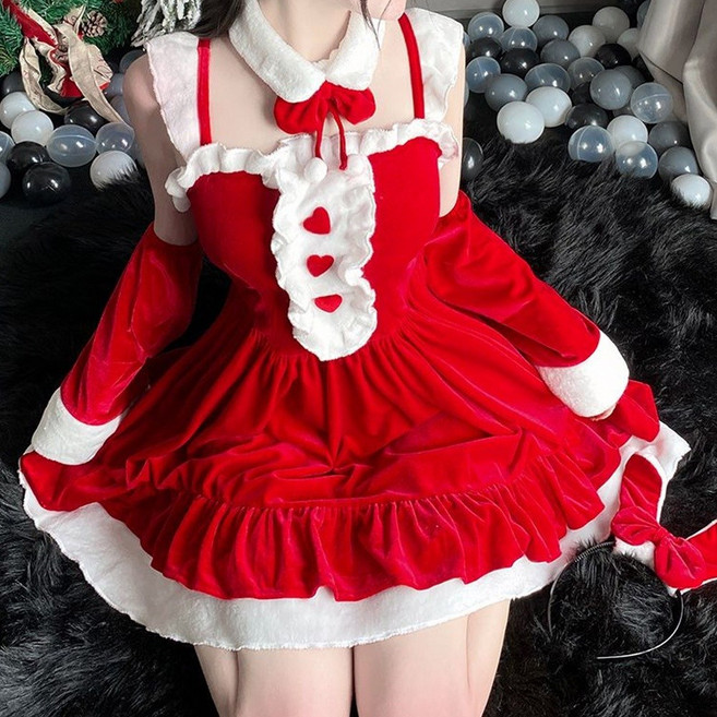 F112 羅莉塔女僕裝聖誕節洋裝 可愛甜美聖誕服裝 長版裙擺聖誕裝聖誕節衣服 性感修身聖誕服 派對聖誕節套裝