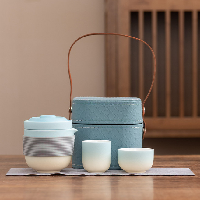 輕奢旅行茶具日式一壺二杯禮盒套裝高檔現代商務紀念伴手禮品, 1個, 1L, 圓趣/快客杯-淡藍:如圖