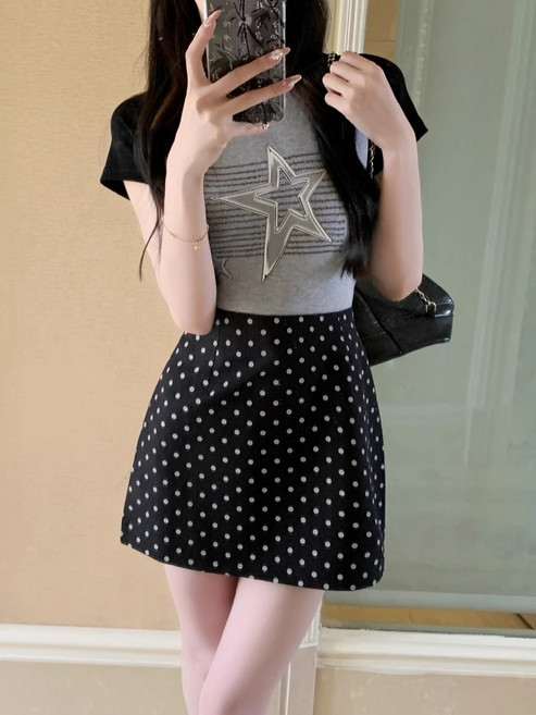 폴카 도트 반바지 여성 여름 대형 하이웨이스트 작은 키의 핫걸 슬림 A라인 원스텝 몸매 짧은 치마