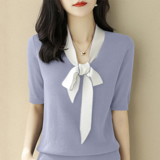 피치레이디 리본 배색 니트 반팔티