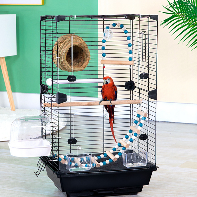 앵무새 새장 투명 새장 2단 중형 풀세트 케이지 가정용, 1개, 블랙63*37*28cm