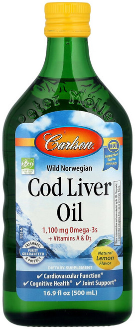 Carlson 노르웨이산 야생 대구 간유 천연 레몬 맛, 16.9 액상 온스, 1개, 500ml