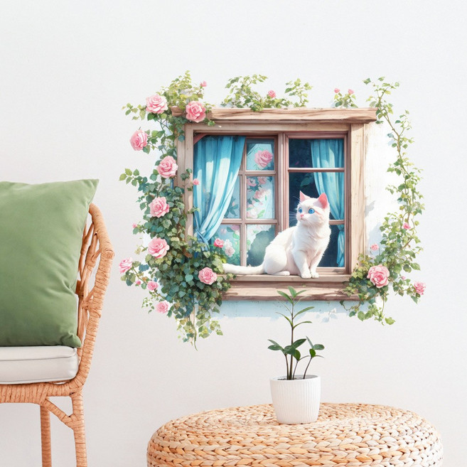 휴네온 동화같은 아이방 포인트 벽지 스티커 데코 인테리어 집 꾸미기, 창문 고양이
