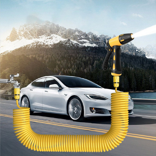 호밍사이 초강력고압분사기 + 20m 스프링 코일호스 세트 욕실 청소건 세차용 호스, 노란색