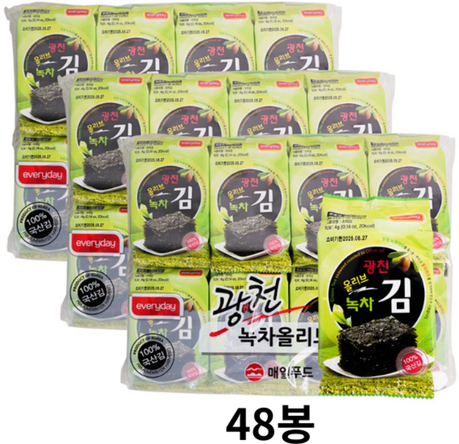 매일푸드 광천 녹차 올리브 도시락김, 48개, 4g