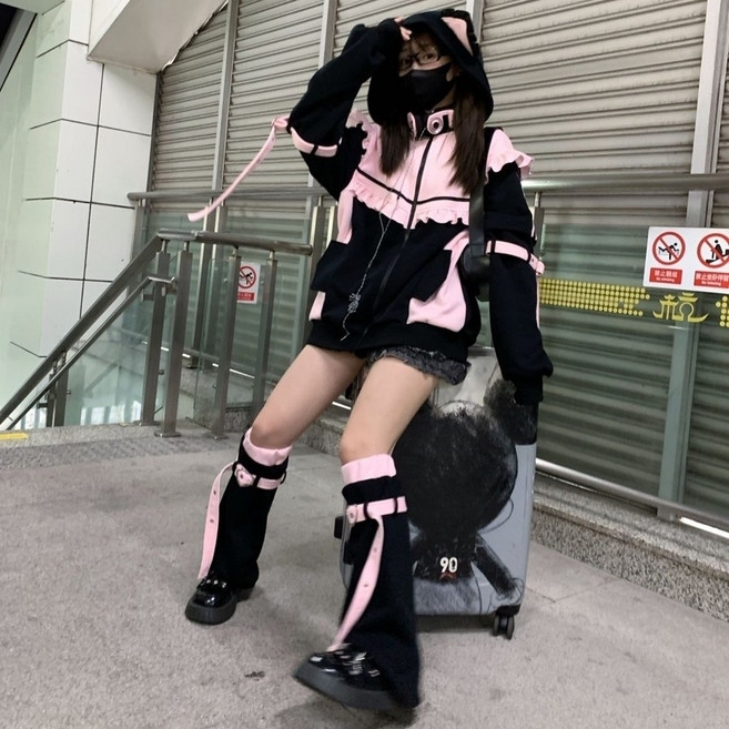 지뢰계옷 고양이 귀 후드 재킷 서브컬쳐 하라주쿠 코디 세트