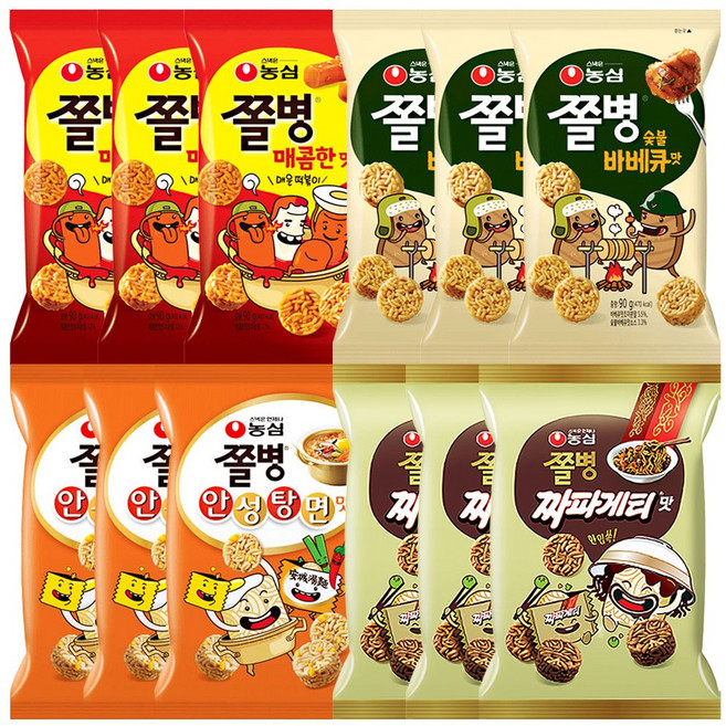 농심 쫄병스낵 4종(매콤한맛+숯불바베큐맛+안성탕면맛+짜파게티맛), 3세트