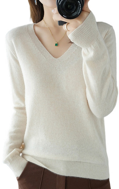 여성 기본핏 브이넥 데일리룩 비스코스 부드러운 긴팔 니트 Knitted T-shirt G262