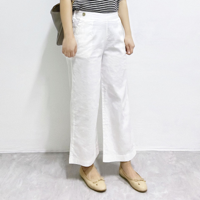 [화이트 린넨 팬츠 9부] 화이트 린넨 블렌드 9부 세미와이드 밴딩 팬츠 44 55 66 77 88 흰바지 여름 바지