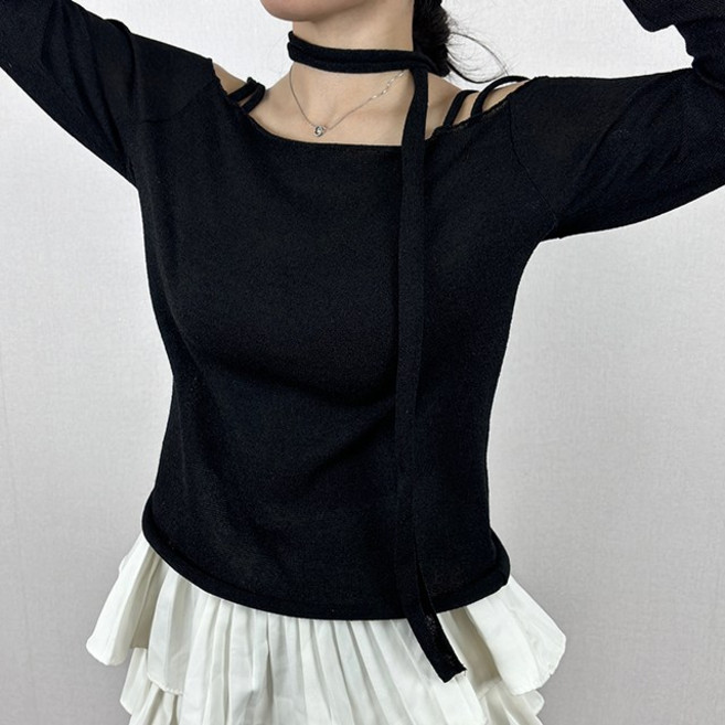 ~110 4XL 오프숄더 긴팔티셔츠 데이트룩 긴팔티 여름 봄 티셔츠 오프숄더 봄신상 여름신상 여리여리 페미닌 러블리 간절기 여유핏 빅사이즈 체형커버 유니크 끈 긴팔티[169]