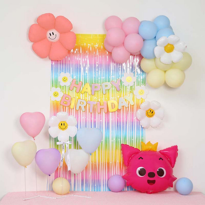 [피앤비유니티]스마일데이지 풍선스탠드 생일장식커튼세트 펌프포함, 1세트, 34)핑크퐁대 마카롱커튼세트