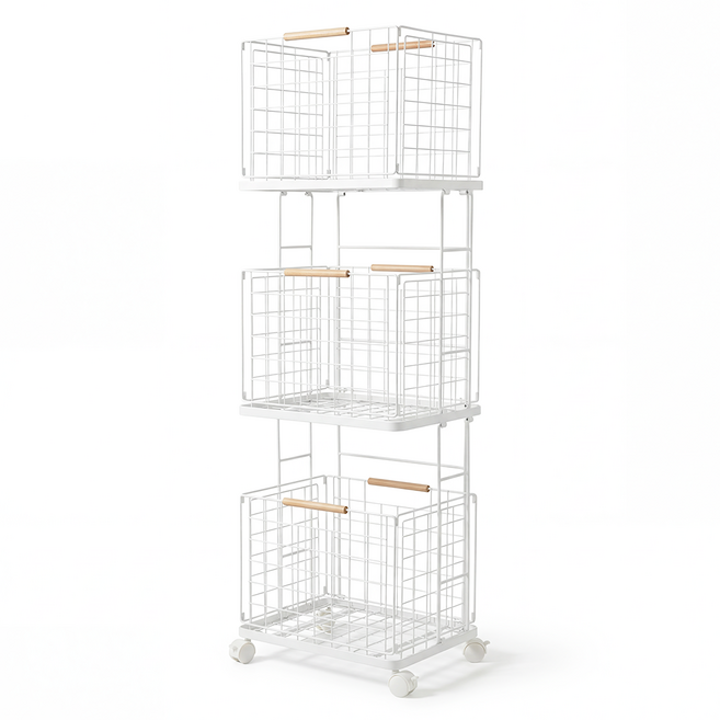 도파밍 이동식 트롤리 빨래바구니 3단 세탁바구니, 화이트