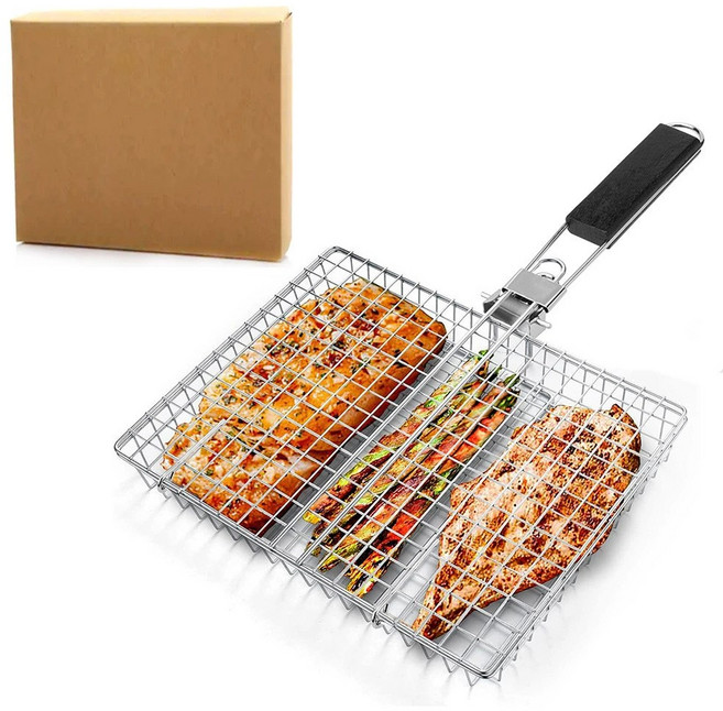 跨境亞馬遜不銹鋼BBQ燒烤盤烤雞方形燒烤爐大容量BASKET燒烤網, 1個, 盒裝:如图