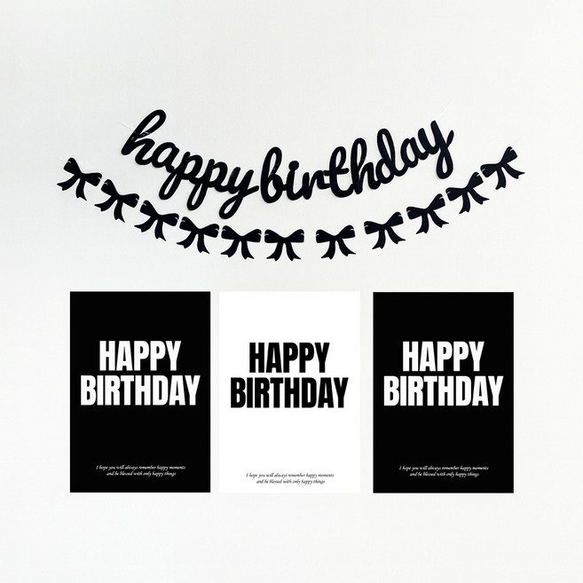 해피제이니 블랙 or 핑크 생일포스터 리본풍선 생일가랜드 파티용품 세트(프리레터링시트지 포함), 1세트, 블랙베이직세트