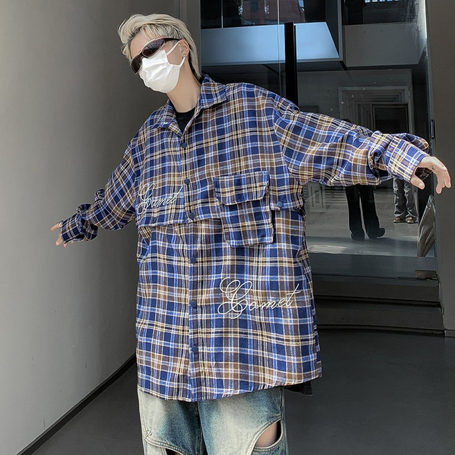 미국식 빈티지 새해 레드 체크 셔츠 남여 루즈핏 구제 모피 후드 긴팔 셔츠