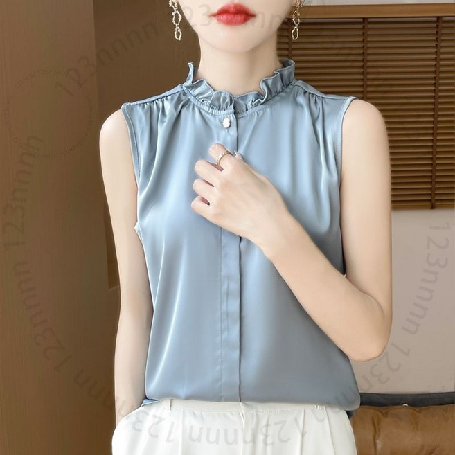 緞麵醋痠耳邊無袖襯衫 法式襯衣 花邊上衣 背心打底 時尚立領氣質RJ5GT01A