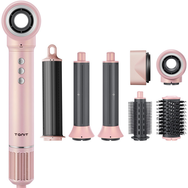 Tanit 가성비 7in1 헤어스타일러 고속 BLDC 음이온 드라이어 자동컬링 투배럴 에어 브러쉬, 핑크