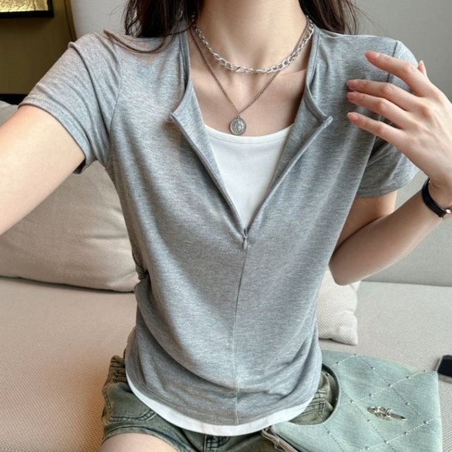 아이엠몽 여성 레이어드 반소매 집업 티셔츠