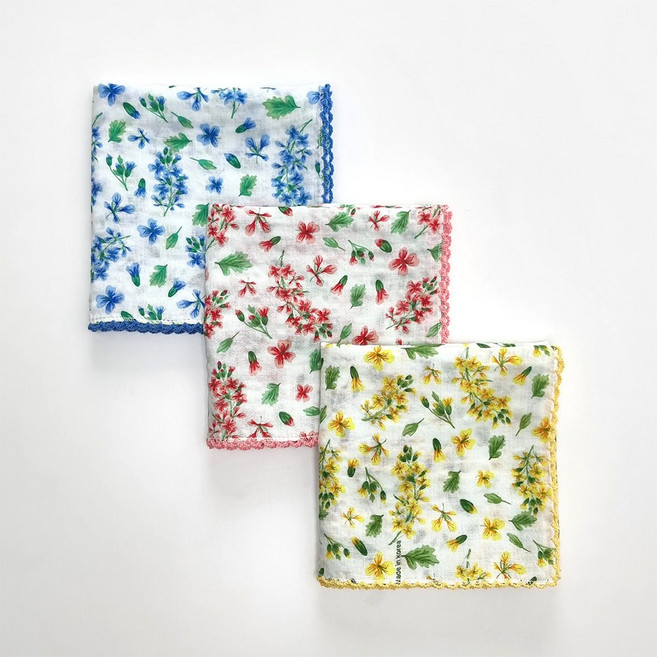 국산 면 여성 손수건 3장 1세트 쁘띠스카프 고급 목손수건 플라워 꽃무늬