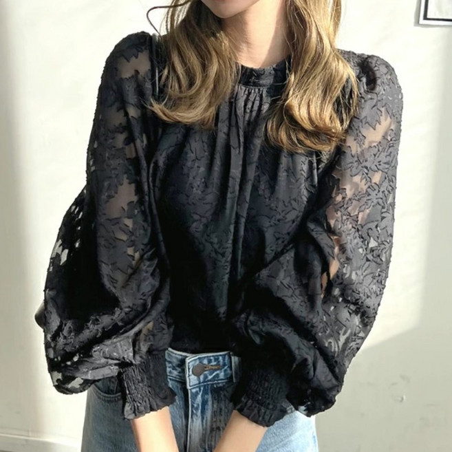 티티웍스 여성 백리본 셔링 소매밴딩 퍼프 시스루 블라우스 오피스룩 하객룩 데이트룩