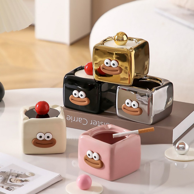 펀펀상사 뚜껑있는 세라믹 재떨이, 1개, 상큼핑크