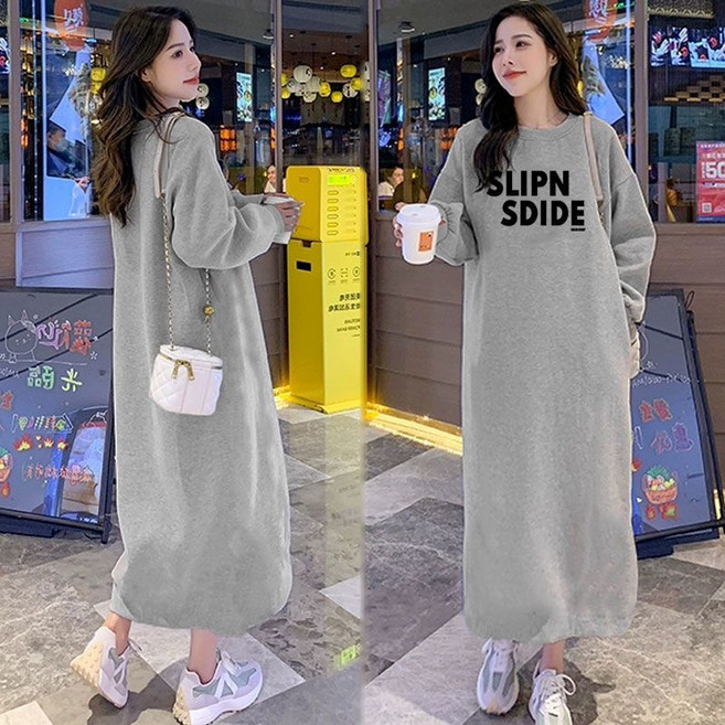해피유통 여성 가을겨울 기본 롱슬리브 레터링 원피스 편안한 루즈핏 일자형wd
