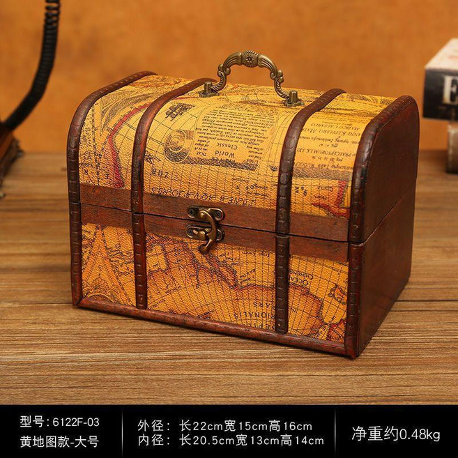 復古手提箱 仿古木盒 帶鎖首飾盒, 1個, 收納盒-黃地圖款大號 22釐米, 黃地圖款, 22釐米